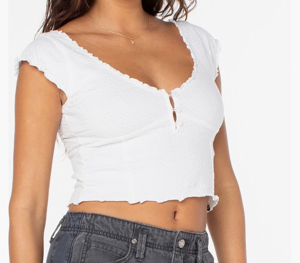 Roxy White Smocked Crop Top XL Y2K Coastal Button Front NWT